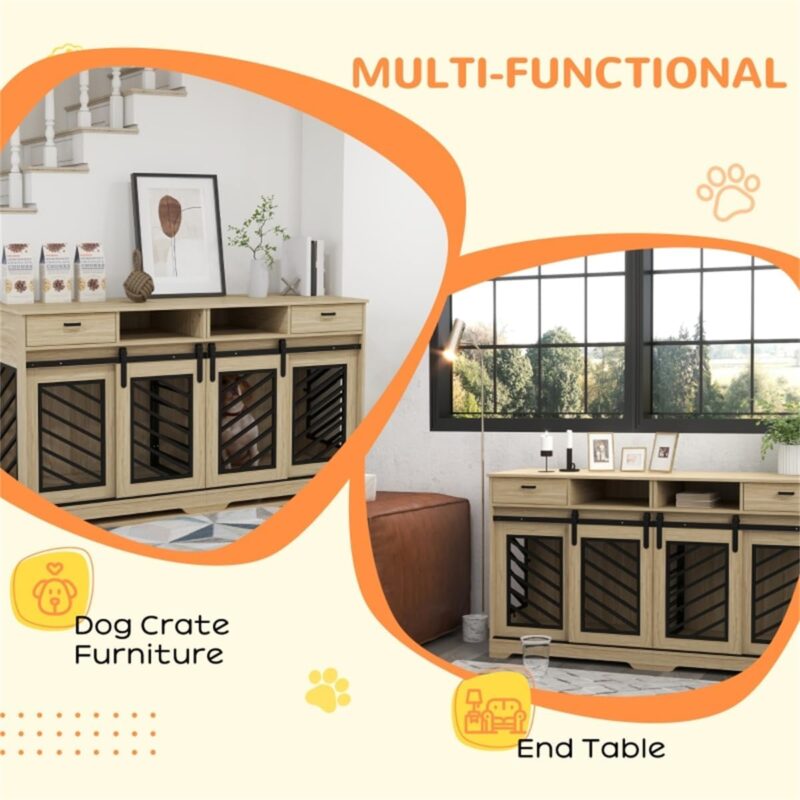 SVRCK Dual Purpose Dog Crate with Storage, Removable Divider for Multiple Pets, Stylish Oak Design, Secure Double Doors - Image 5