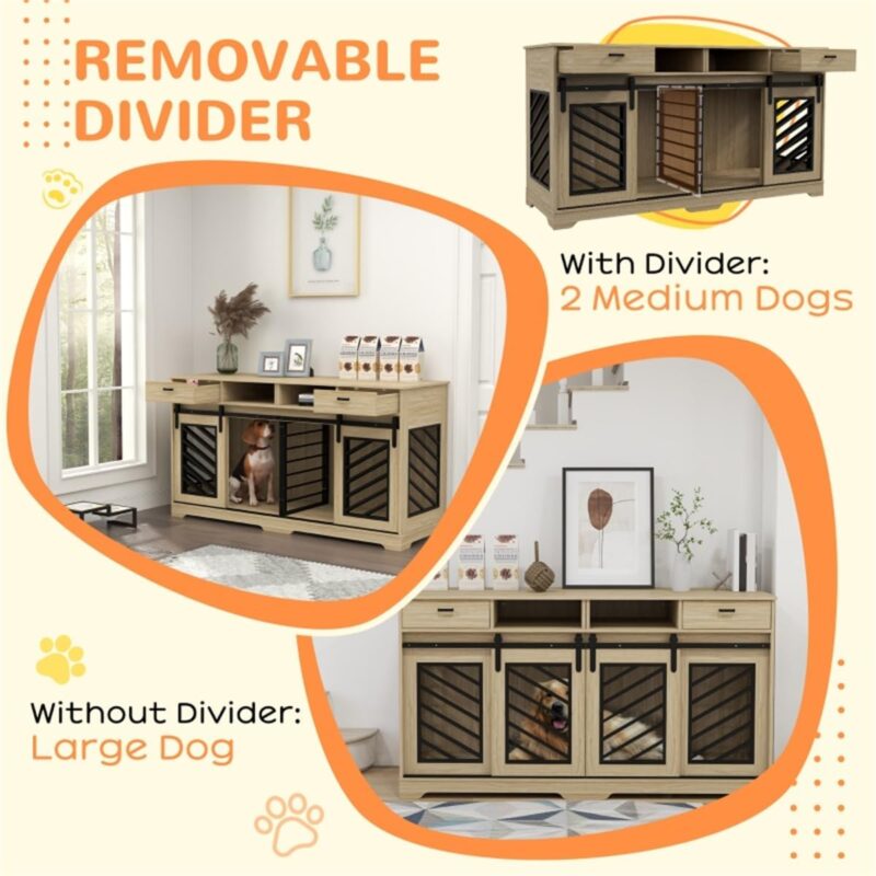 SVRCK Dual Purpose Dog Crate with Storage, Removable Divider for Multiple Pets, Stylish Oak Design, Secure Double Doors - Image 7