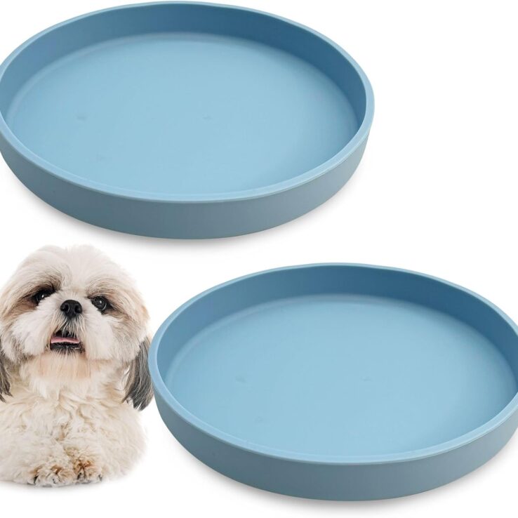 Silicone Cat Bowl Set of 2 Shallow Cat Food Dish 7in Wide Cat Plates Relief Whisker Fatigue Pet Feeding Bowls for Kittens Puppy Dog (Round Blue)
