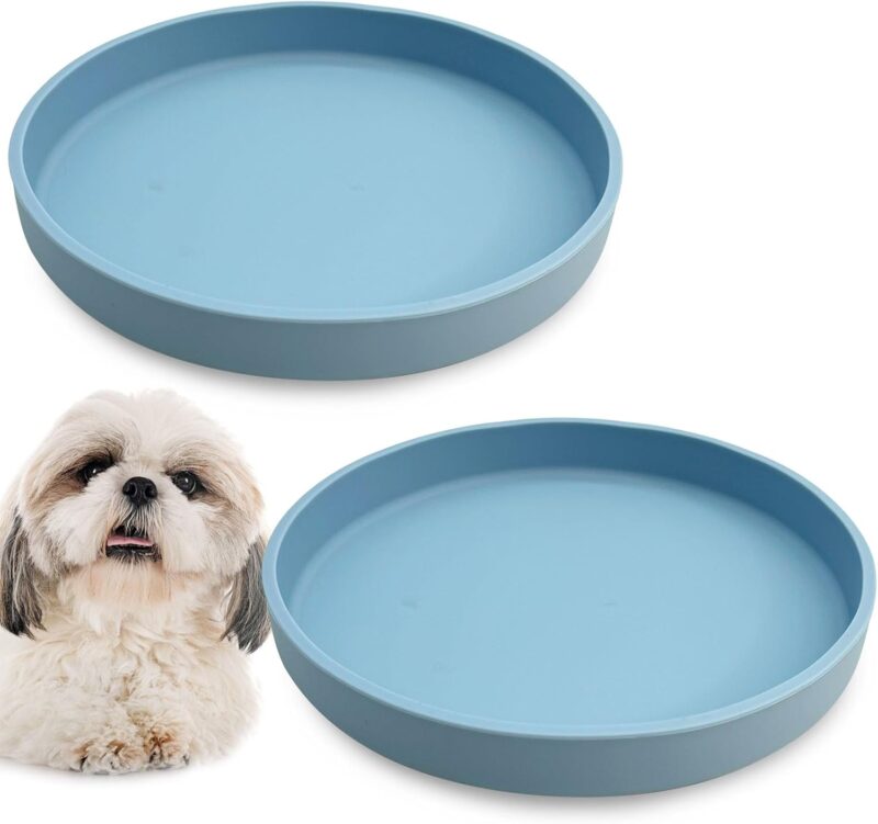 Silicone Cat Bowl Set of 2 Shallow Cat Food Dish 7in Wide Cat Plates Relief Whisker Fatigue Pet Feeding Bowls for Kittens Puppy Dog (Round Blue)