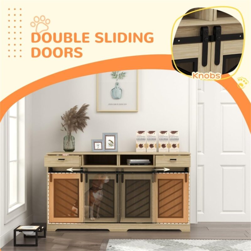 SVRCK Dual Purpose Dog Crate with Storage, Removable Divider for Multiple Pets, Stylish Oak Design, Secure Double Doors - Image 3