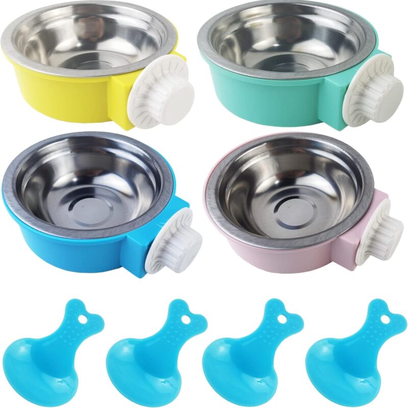 NSBELL 4PCS Crate Dog Bowl, Plastic Bowl & Stainless Steel Bowl Removable Hanging Food & Water Feeder 2-in-1 Cage Bowl Coop Cup for Cat, Dog, Birds with 4 Pet Food Spoons