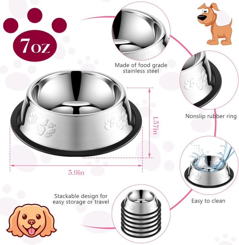 Tanlade 8 Pack Stainless Steel Dog Bowls Metal with Rubber Base Non-Slip Pets Cats Feeding Food and Water Bowls for Indoor Small Medium Large Cats Pets(7 oz) - Image 2