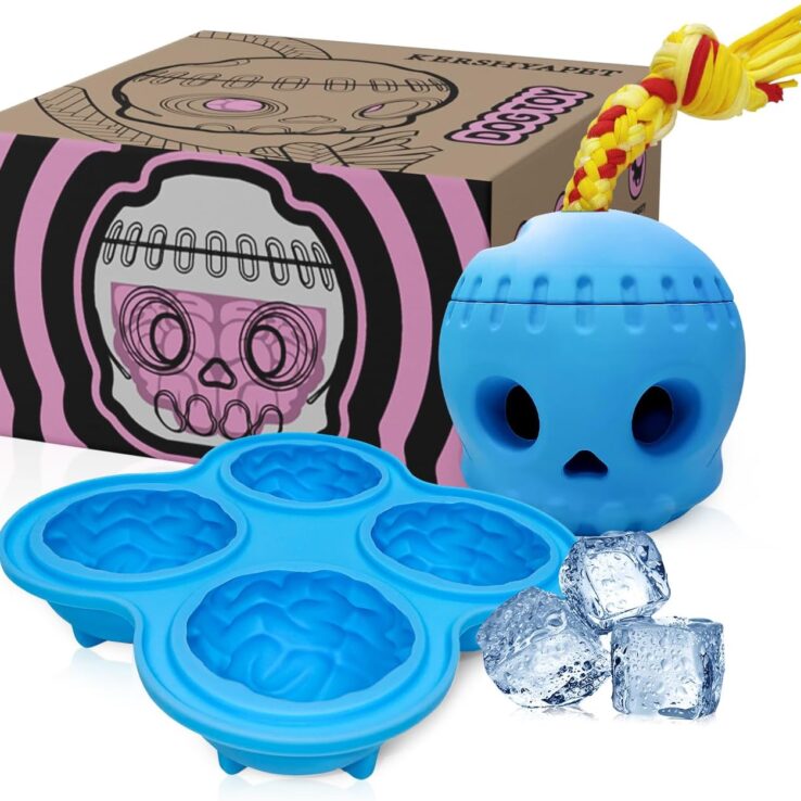 Frozen Dog Toy to Keep Them Busy, Dog Enrichment Toys for Large Dogs, Skull Treat Dispensing Dog Toys for Boredom, Anxiety Relief, Sturdy Safe, Easy Clean, Blue