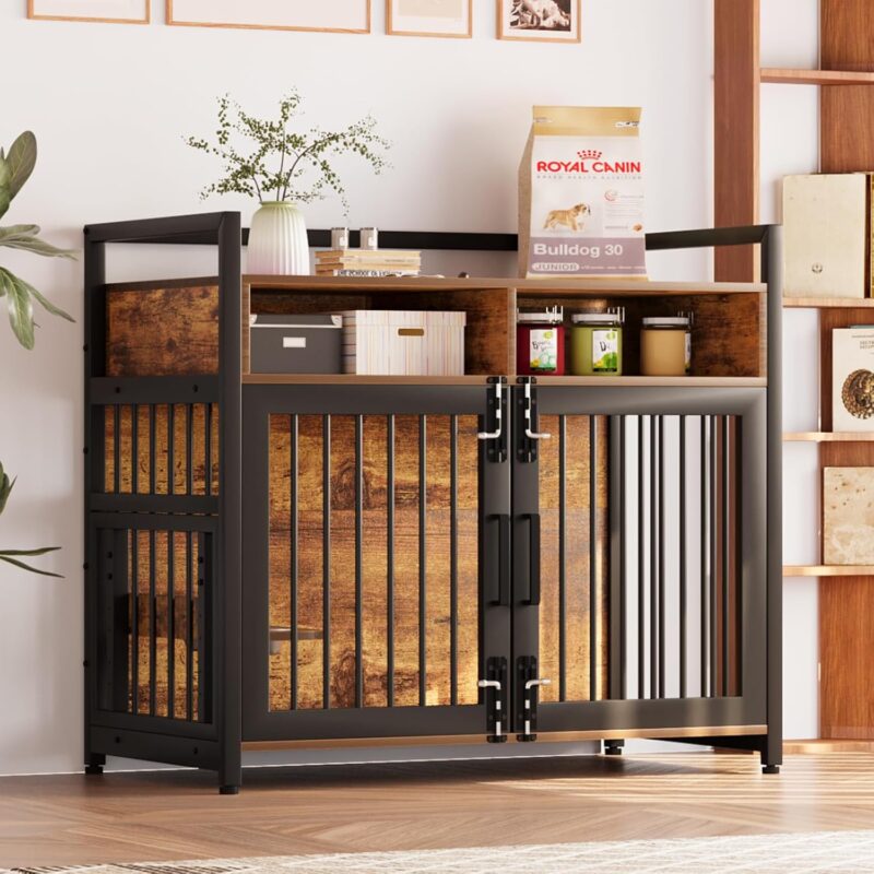Dog Crate Furniture,48 Inch Heavy Duty Dog Kennel with 2 Drawers End Table, Wooden Dog Cage Indoor Dog House Pet Crate Table with 360°and Adjustable Raised Feeder 48inch - Image 3