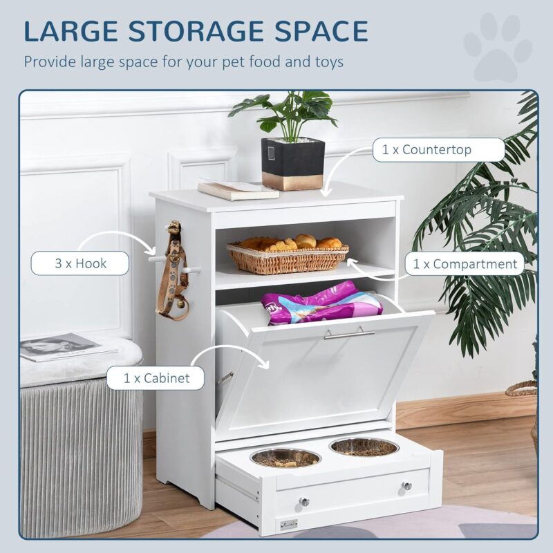 PawHut Dog Feeding Station, Dog Food Storage Pet Feeder Cabinet Container with Dog Raised Bowls and Hanger for Feeding & Watering Supplies, White - Image 4