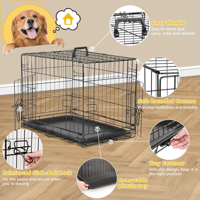 Dog Crate with Divider Panel, 24 Inch Double Door Folding Metal Wire Pet Kennel for Indoor Use, Black - Image 4
