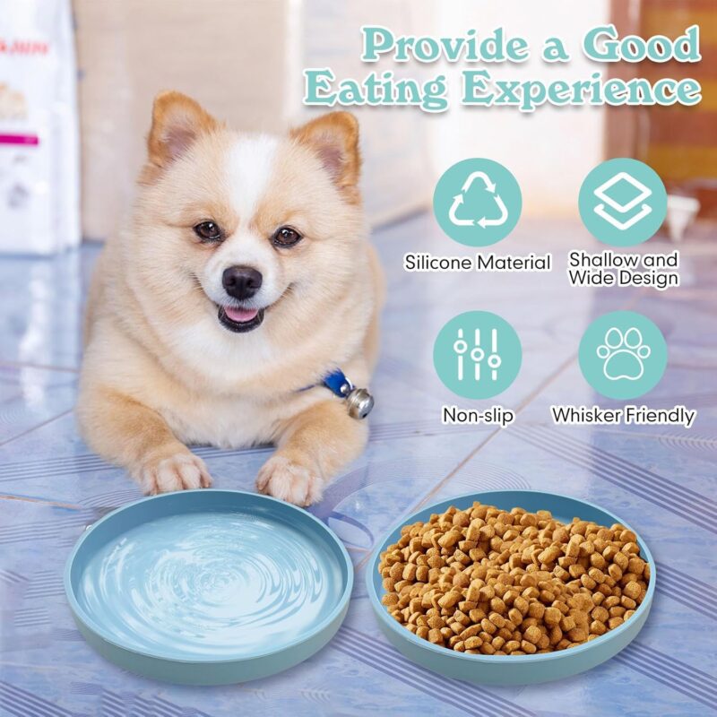 Silicone Cat Bowl Set of 2 Shallow Cat Food Dish 7in Wide Cat Plates Relief Whisker Fatigue Pet Feeding Bowls for Kittens Puppy Dog (Round Blue) - Image 4