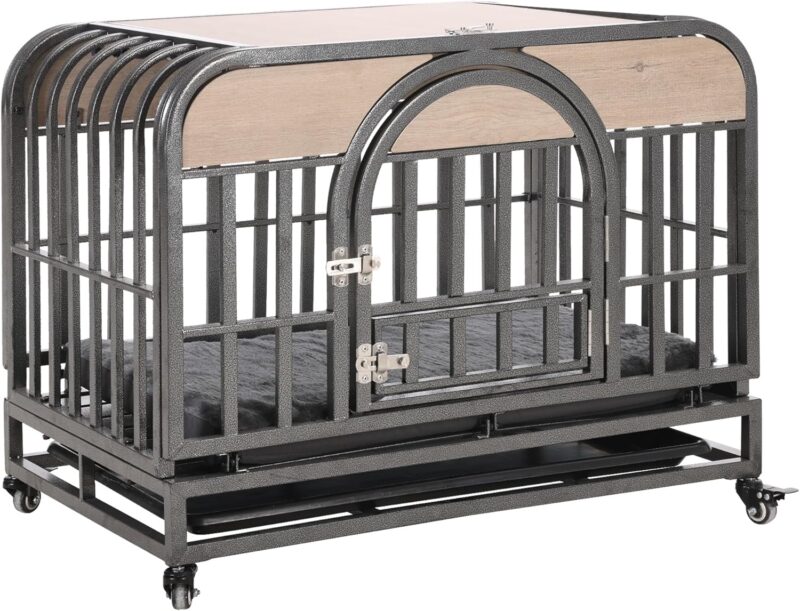 46in Heavy Duty Dog Crate, Furniture Style Dog Crate with Removable Trays and Wheels for High Anxiety Dogs PC736