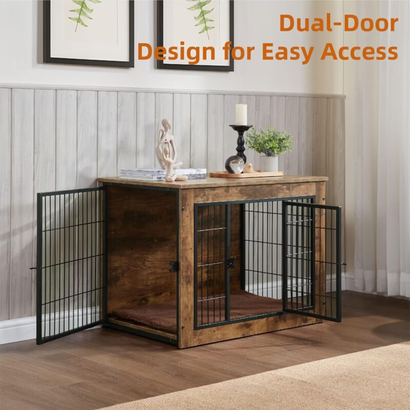 Multi-Functional Dog Crate Furniture with Cushion – 32" Wooden Dog Kennel with Double Doors, Rustic Brown, Adjustable Feet, Easy Assembly (Small/Medium Dogs) - Image 4