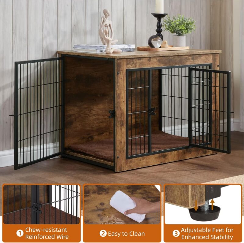 Multi-Functional Dog Crate Furniture with Cushion – 32" Wooden Dog Kennel with Double Doors, Rustic Brown, Adjustable Feet, Easy Assembly (Small/Medium Dogs) - Image 5