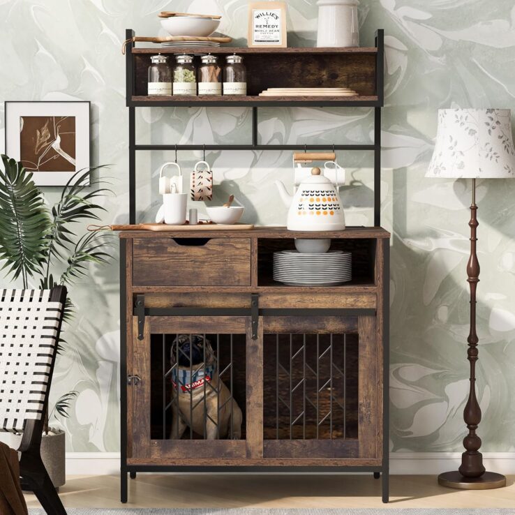 Furniture Style Dog Crate,Composite Desk, Hutch Pet Friendly Furniture with Sliding Barn Doors, Storage Shelves,Hanging Space and Charging Station,Durable Construction (Rustic Brown)