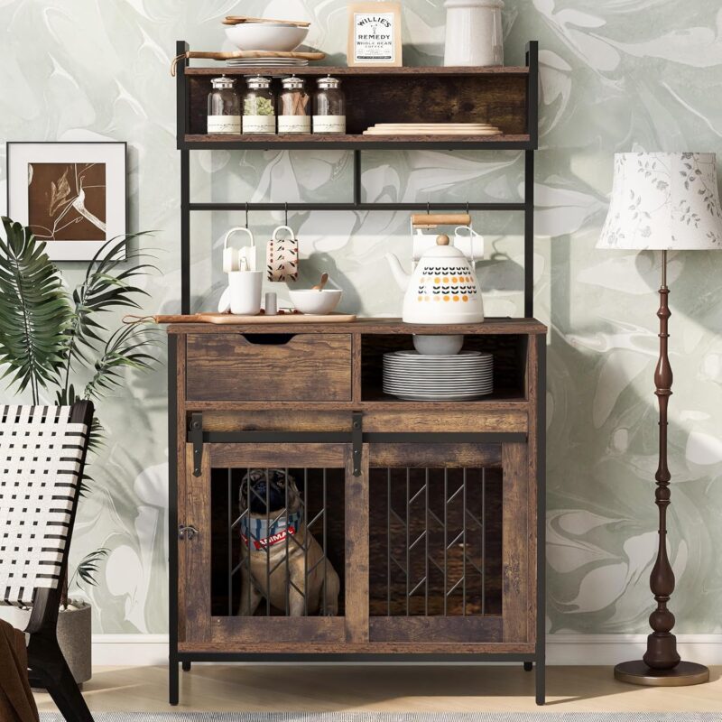 Furniture Style Dog Crate,Composite Desk, Hutch Pet Friendly Furniture with Sliding Barn Doors, Storage Shelves,Hanging Space and Charging Station,Durable Construction (Rustic Brown)