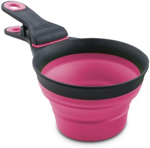 Dexas Popware for Pets Collapsible Klip Scoop, 3 in 1 Design Convenient Measuring Cup, Food Scooper and Bag Clip, ½ Capacity Pet Food Scoop, Versatile Food Measuring Cups Portion Control Gray/Pink