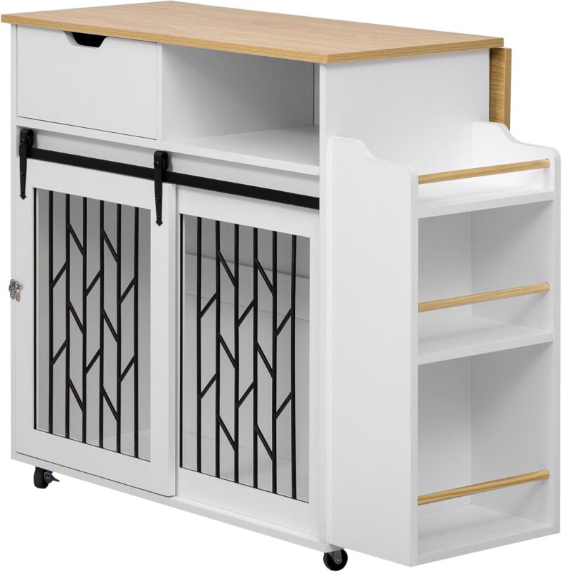 Modern Pet-Friendly Kitchen Island Side Table with Cage – Slide-Out Dog Crate, 3-Tier Storage, Lockable Casters, & Geometric Metal Door – Natural + White Finish - Image 2