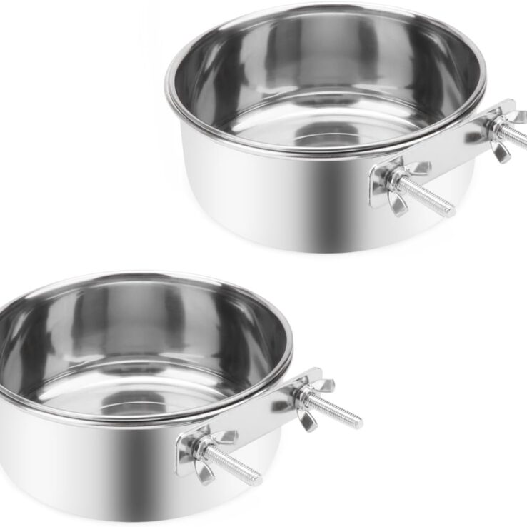 Wontee Pet Food Water Bowl with Clamp Holder Stainless Steel Feeding Cups Feeder for Dog Bird Parrot Cat Rabbit, 2 Packs (L)