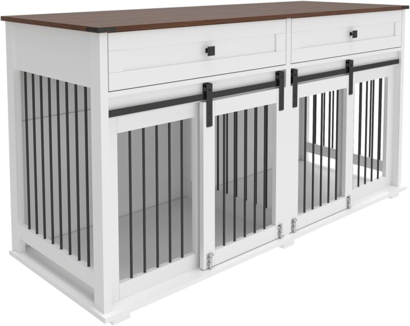Pet Comfort and Style with 63'' Large Dog Crate Furniture, Wooden Design with 2 Drawers and Sliding Door, White and Brown - Image 4