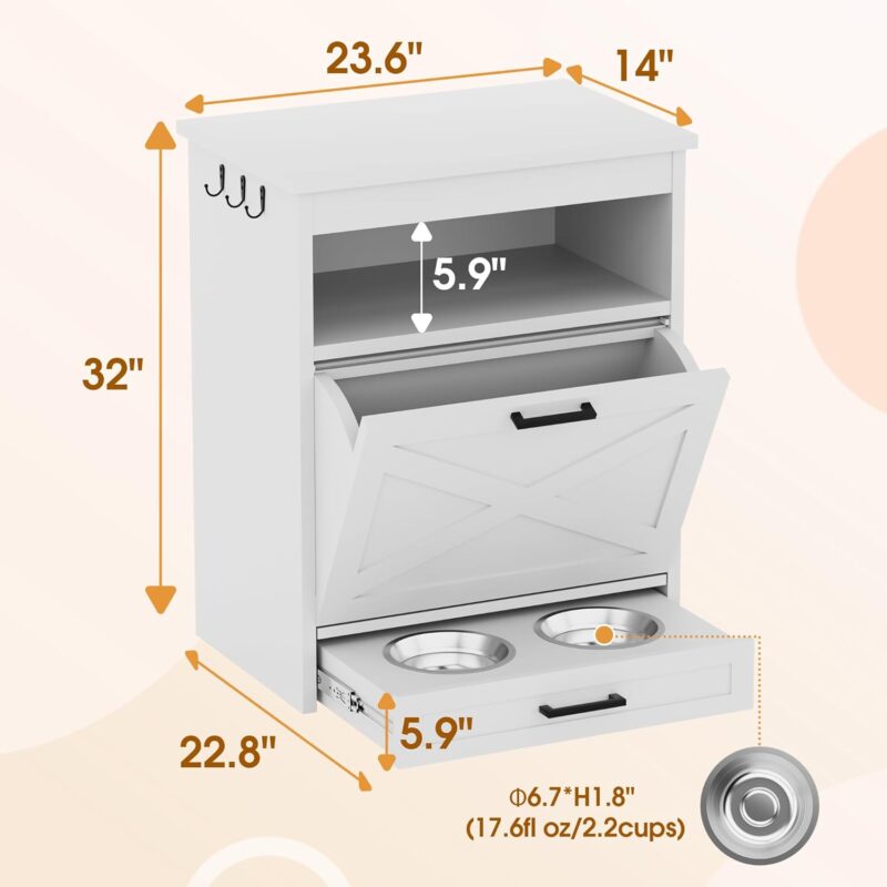 Modern Dog Food Storage Cabinet with 2 Elevated Doggy Bowls, Pet Feeding Station with Organizer, Tilt Out Pet Food Cabinet Furniture, White - Image 4