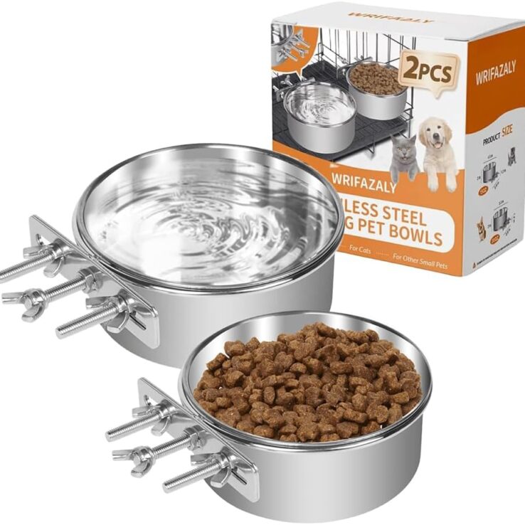 Dog Crate Water Bowl No Spill, Crate Bowls for Small Size Dog, 2 Pack Kennel Water Food Bowls Hanging, Stainless Steel Crate Cage Feeder Dish Bowl for Dogs Small Animals