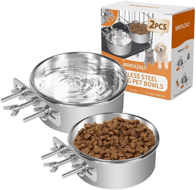 Dog Crate Water Bowl No Spill, Crate Bowls for Small Size Dog, 2 Pack Kennel Water Food Bowls Hanging, Stainless Steel Crate Cage Feeder Dish Bowl for Dogs Small Animals