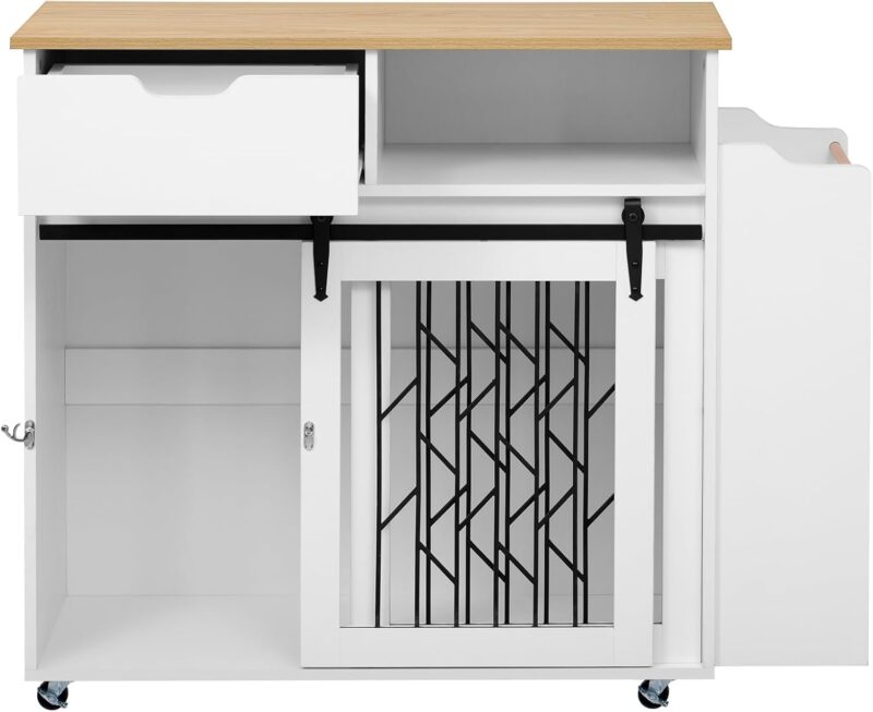 Modern Pet-Friendly Kitchen Island Side Table with Cage – Slide-Out Dog Crate, 3-Tier Storage, Lockable Casters, & Geometric Metal Door – Natural + White Finish - Image 3