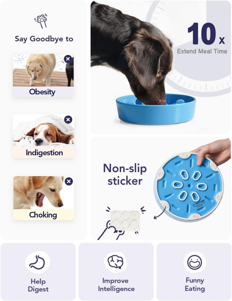 LE TAUCI PET Slow Feeder Dog Bowl Ceramic, 1.5 Cups, Blue, Non-slip Base - Image 4