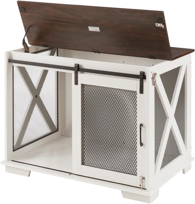 Stylish Farmhouse Wooden Dog Cage with Sliding Barn Door, Flip-Top Plate for Small to Large Dogs, White - Image 9