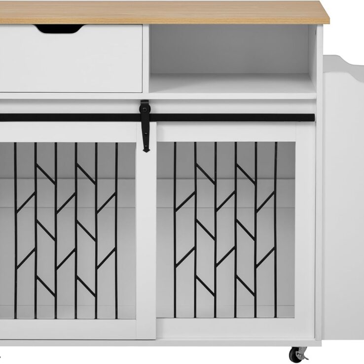 Modern Pet-Friendly Kitchen Island Side Table with Cage – Slide-Out Dog Crate, 3-Tier Storage, Lockable Casters, & Geometric Metal Door – Natural + White Finish