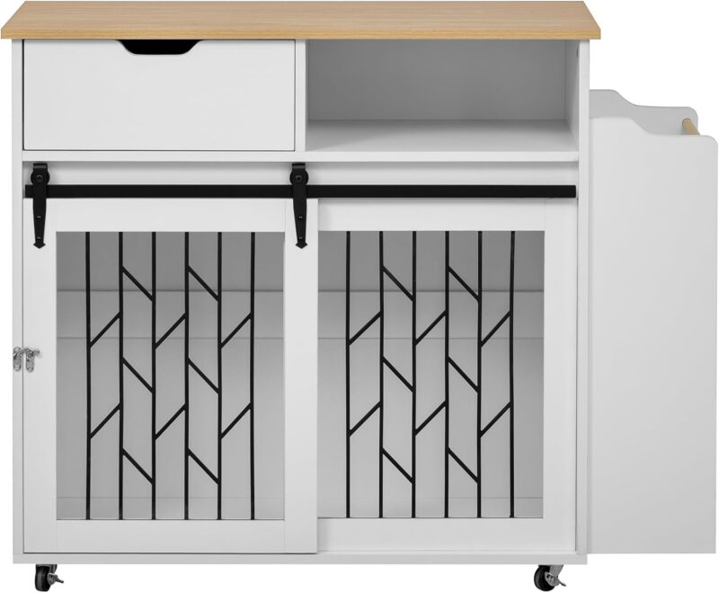 Modern Pet-Friendly Kitchen Island Side Table with Cage – Slide-Out Dog Crate, 3-Tier Storage, Lockable Casters, & Geometric Metal Door – Natural + White Finish