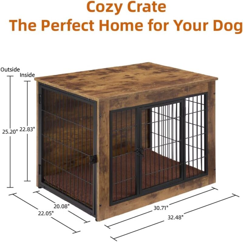 Multi-Functional Dog Crate Furniture with Cushion – 32" Wooden Dog Kennel with Double Doors, Rustic Brown, Adjustable Feet, Easy Assembly (Small/Medium Dogs) - Image 2