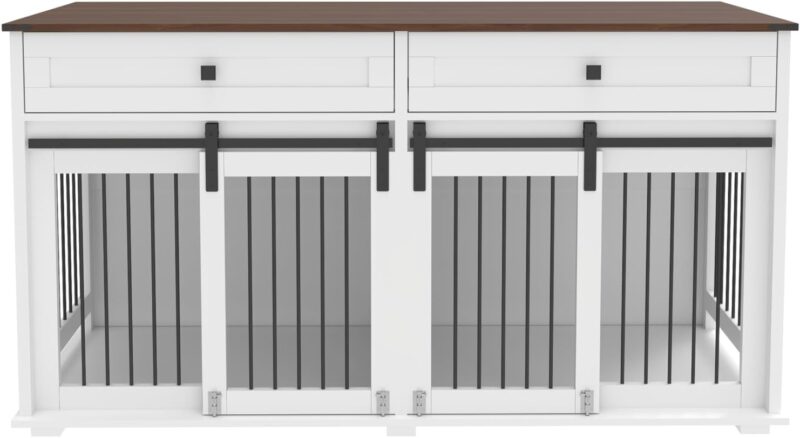 Pet Comfort and Style with 63'' Large Dog Crate Furniture, Wooden Design with 2 Drawers and Sliding Door, White and Brown - Image 7