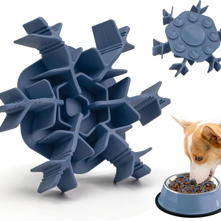 Slow Feeder Insert for Dog Bowl with Upgraded Large Suction Cups, Anti Slip Cuttable Anti-Chocking Snow Slow Feeding Healthy Eating Fits Small Medium Metal Dog Bowls Adjustable Length 4.7-7 in Blue