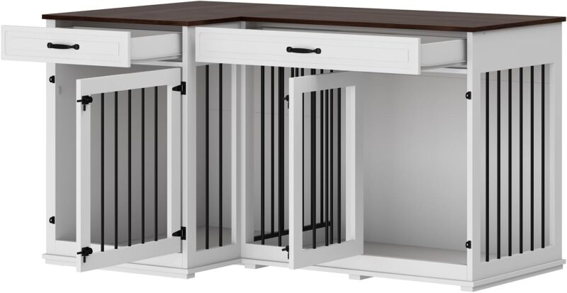 Lovinouse Large Corner Dog Crate Furniture, Wooden L Shaped Double Dog Crate Kennel Furniture with 2 Drawers and Divider, XXL Heavty Duty Dog Crates Furniture for 2 Medium or Large Dogs Indoor, White - Image 8
