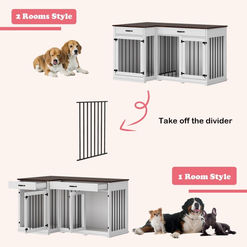Lovinouse Large Corner Dog Crate Furniture, Wooden L Shaped Double Dog Crate Kennel Furniture with 2 Drawers and Divider, XXL Heavty Duty Dog Crates Furniture for 2 Medium or Large Dogs Indoor, White - Image 7