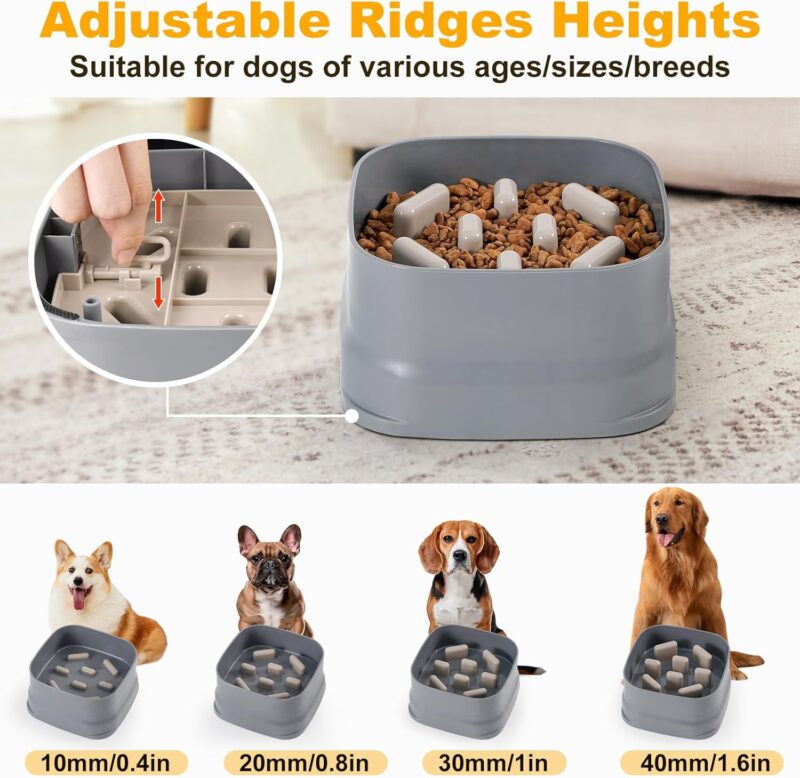 Sunhoo Slow Feeder Dog Bowls Large Breed Puppy Puzzle Feeding Dish Maze Feed Bowl Small Medium Dogs Plate Adjustable Ridges to Slower Down Eating Anti-slip Easy to Clean Indoor Use 7.5*7.5*4 in(Grey) - Image 3