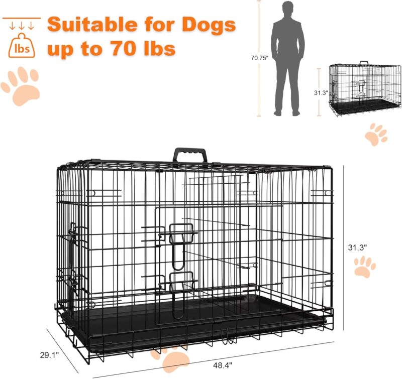 Durable & Portable 48" Double Door Dog Crate with Divider & Leak-Proof Tray – Foldable Metal Wire Cage for Indoor/Outdoor Use, Travel, and Pet Training (Large Dogs) - Image 6