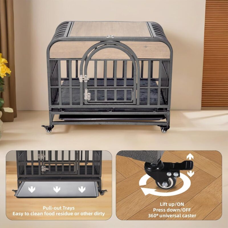 37in Heavy Duty Dog Crate, Furniture Style Dog Crate with Removable Trays and Wheels for High Anxiety Dogs QN588 - Image 4