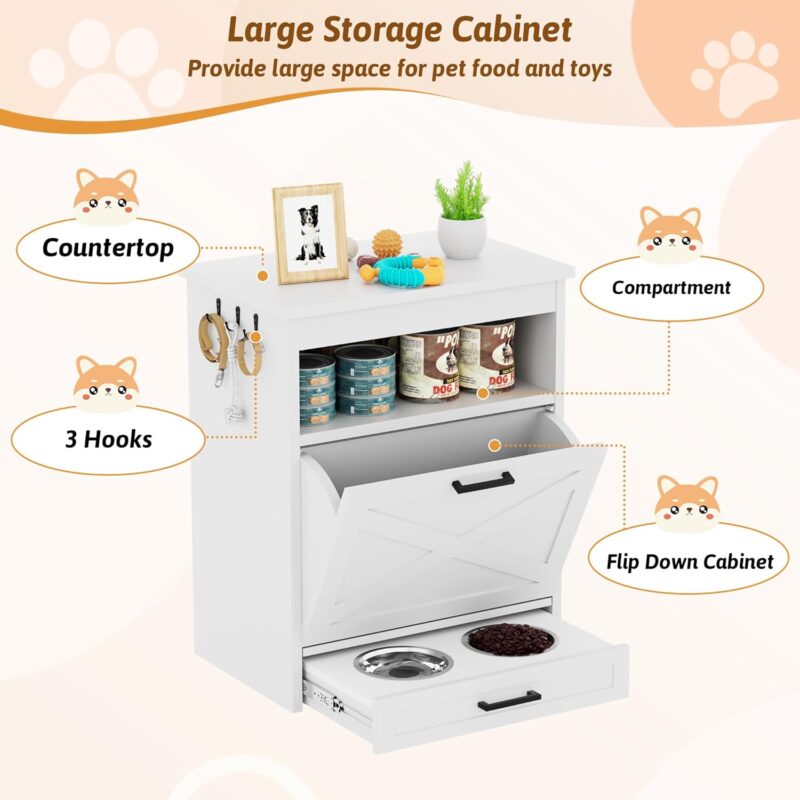Modern Dog Food Storage Cabinet with 2 Elevated Doggy Bowls, Pet Feeding Station with Organizer, Tilt Out Pet Food Cabinet Furniture, White - Image 7