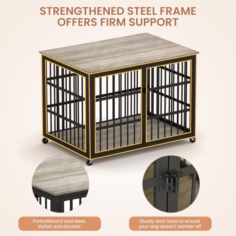 Furniture Style Dog Crate, Wrought Iron Frame with Side Openings, Rustic Brown Wooden Kennel, Medium Dog for Kennel Indoor, 43.3" W x 29.9" D x 33.5" H. - Image 6