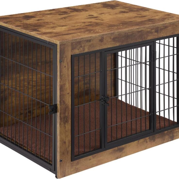 Multi-Functional Dog Crate Furniture with Cushion – 40" Wooden Dog Kennel with Double Doors, Rustic Brown, Adjustable Feet, Easy Assembly (Large Dogs)