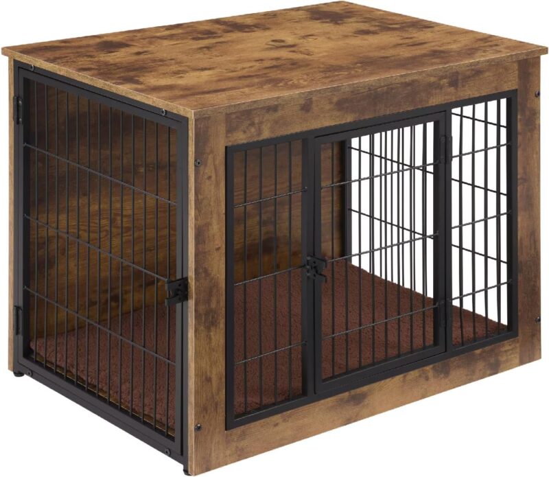 Multi-Functional Dog Crate Furniture with Cushion – 40" Wooden Dog Kennel with Double Doors, Rustic Brown, Adjustable Feet, Easy Assembly (Large Dogs)