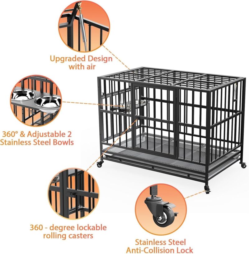 43" Dog Crate Heavy Duty Cage with Unique Air Lift Rod/Wheels/ 360° & Adjustable 2 Bowls, Extra Medium Dog House - Image 5