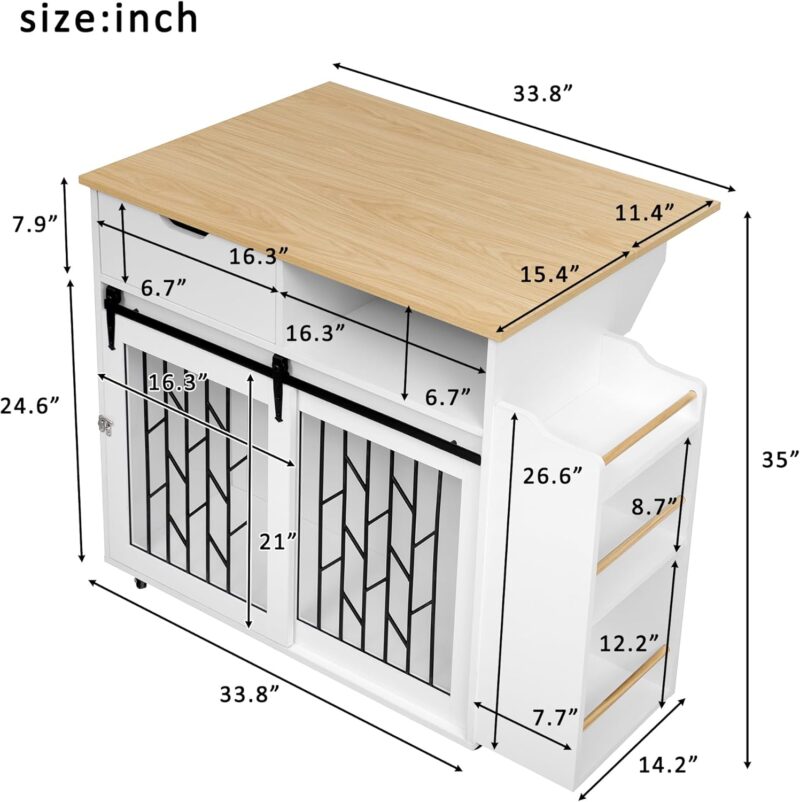 Modern Pet-Friendly Kitchen Island Side Table with Cage – Slide-Out Dog Crate, 3-Tier Storage, Lockable Casters, & Geometric Metal Door – Natural + White Finish - Image 9