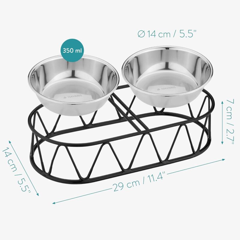 Navaris Stainless Steel Dog Bowls - Cat Food Bowls with Stand - Elevated Double Bowl and Holder for Cats & Small Dogs Raised Metal Wire Stand - Black - Image 4