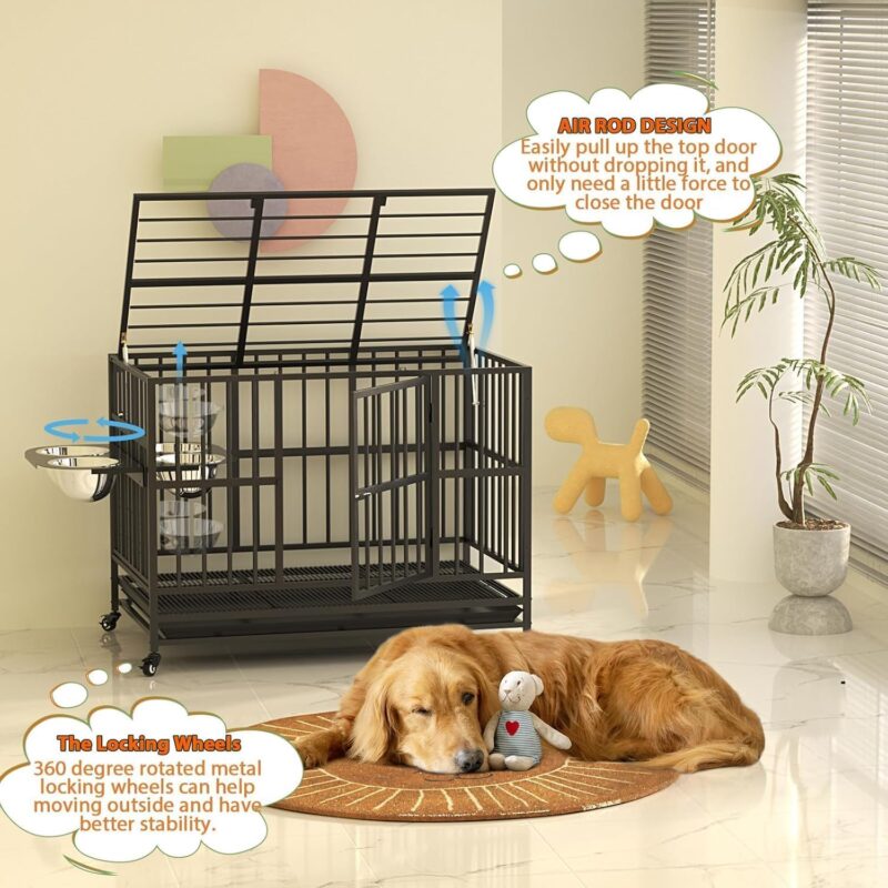 43" Dog Crate Heavy Duty Cage with Unique Air Lift Rod/Wheels/ 360° & Adjustable 2 Bowls, Extra Medium Dog House - Image 6