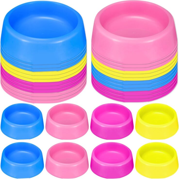 24 Pcs Pet Plastic Bowls Dogs Puppy Birthday Party Supplies Reusable Cat Food Feeding Water Dish Candy Colour Pet Bowls for Dog Birthday Party Favors, Blue Rose Red Yellow and Pink