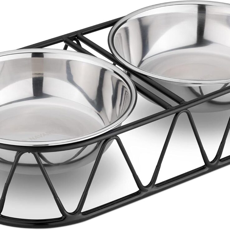 Navaris Stainless Steel Dog Bowls - Cat Food Bowls with Stand - Elevated Double Bowl and Holder for Cats & Small Dogs Raised Metal Wire Stand - Black