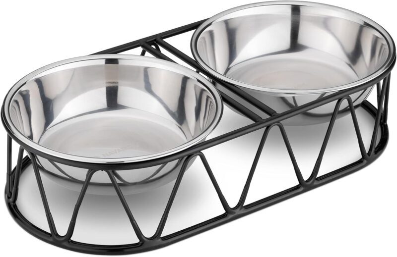 Navaris Stainless Steel Dog Bowls - Cat Food Bowls with Stand - Elevated Double Bowl and Holder for Cats & Small Dogs Raised Metal Wire Stand - Black