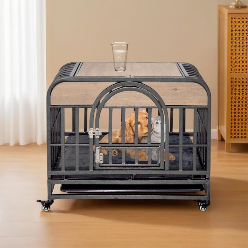 37in Heavy Duty Dog Crate, Furniture Style Dog Crate with Removable Trays and Wheels for High Anxiety Dogs QN588 - Image 6
