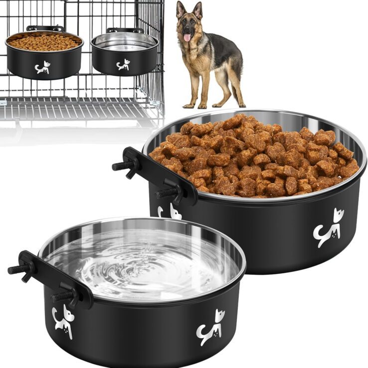 Dog Crate Bowls Hanging No Spill, Set of 2 Dog Crate Water Bowl, Kennel Bowls Mountable Large, Stainless Steel Pet Cage Accessories Feeder Food Dish Coop Cup for Cat Puppy Bunny Guinea Pig Ferret